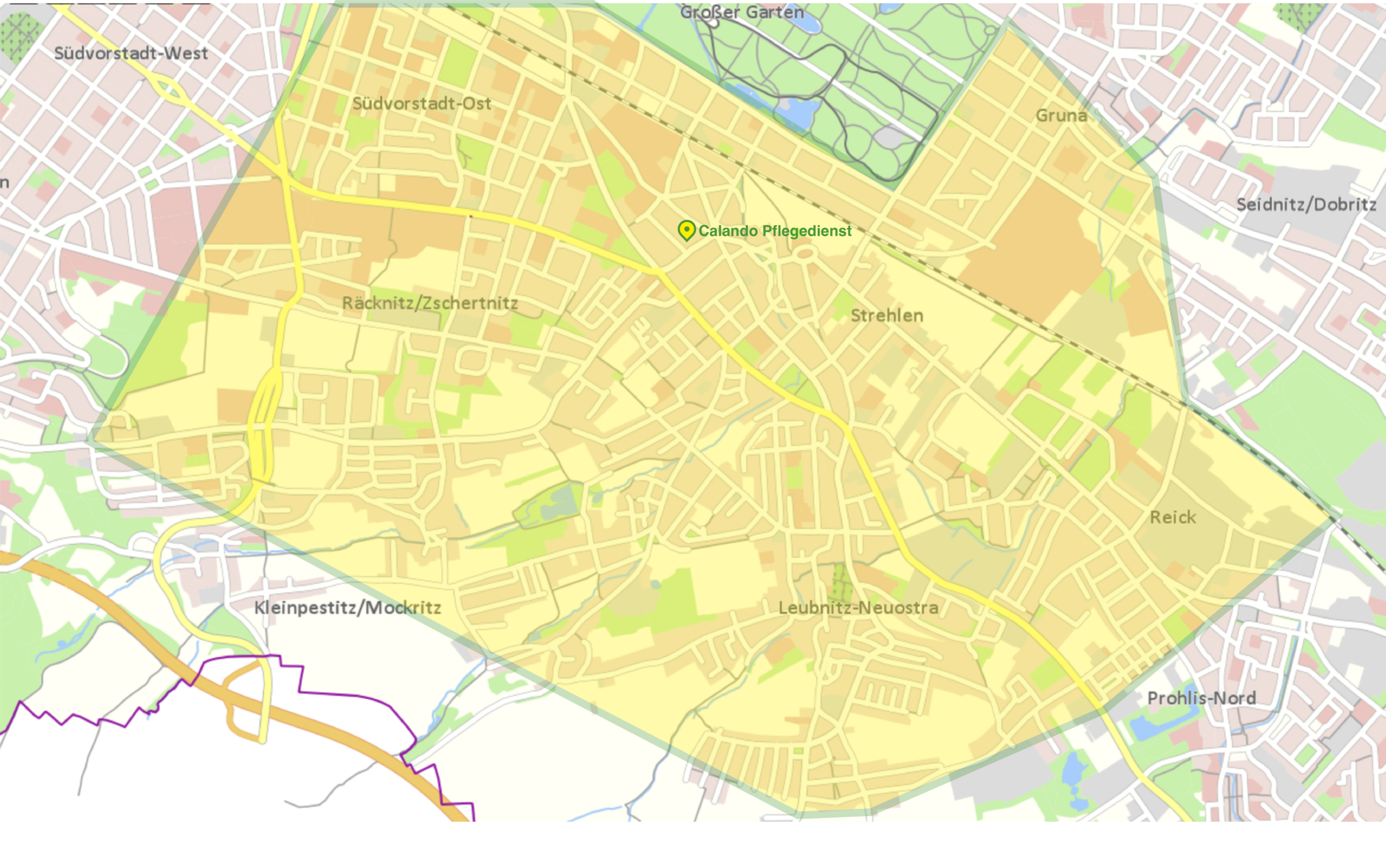 Karte des Einzugsgebiets von Calando in Dresden mit gelb markiertem Versorgungsgebiet rund um den Standort Barlachstraße.